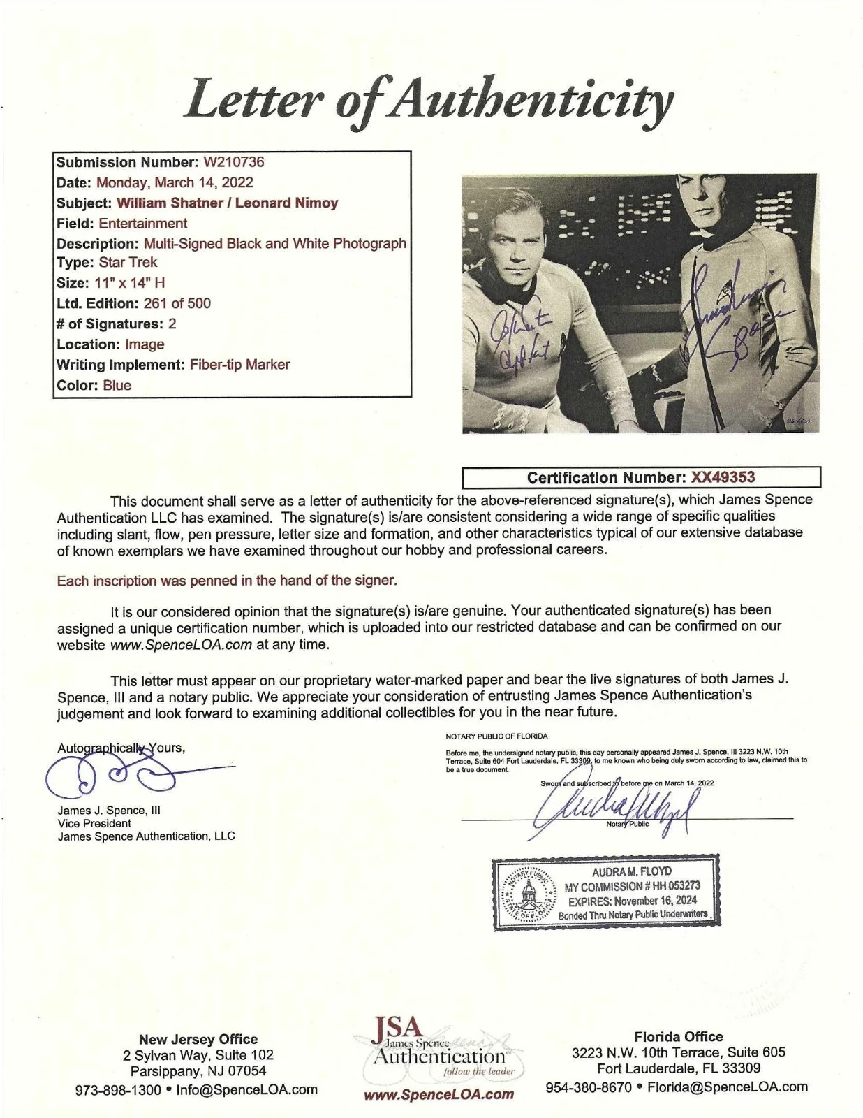 William Shatner Leonard Nimoy Autographed 11x14 Photo Star Trek Actor JSA Letter, изображение 4