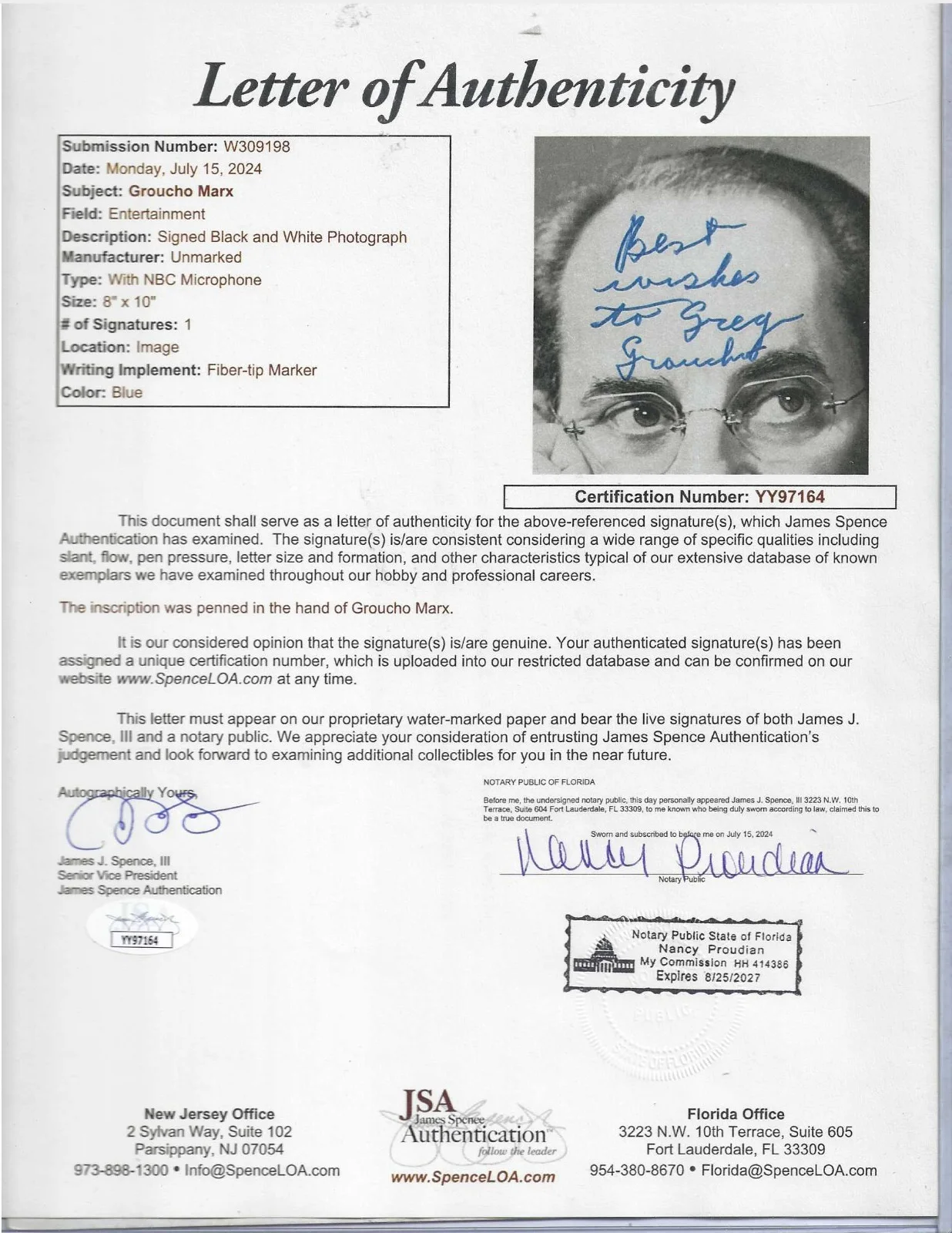 Groucho Marx Autographed 8x10 Photo Comedian Actor TV Star JSA Letter, изображение 2
