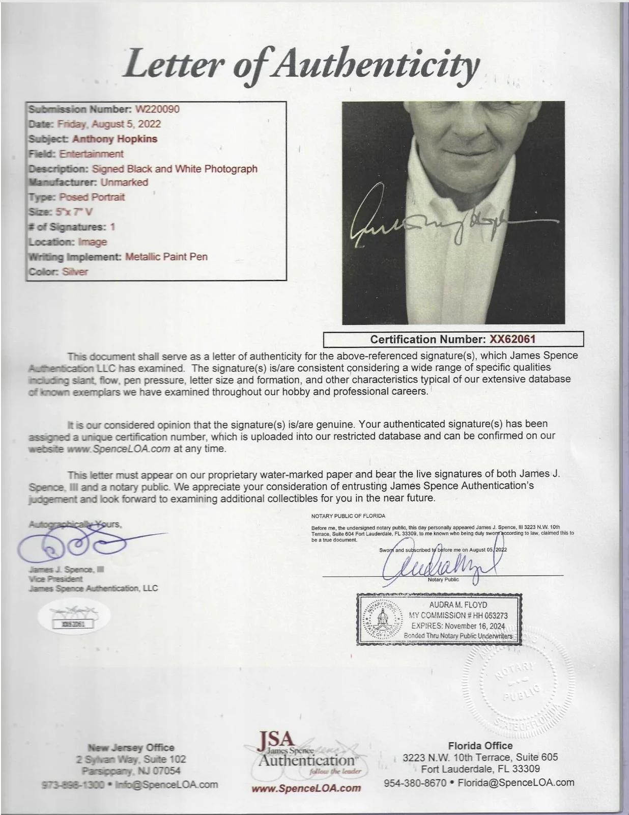 Anthony Hopkins Autographed 5x7 B&W Photo JSA Letter Hollywood Movie Actor, изображение 2