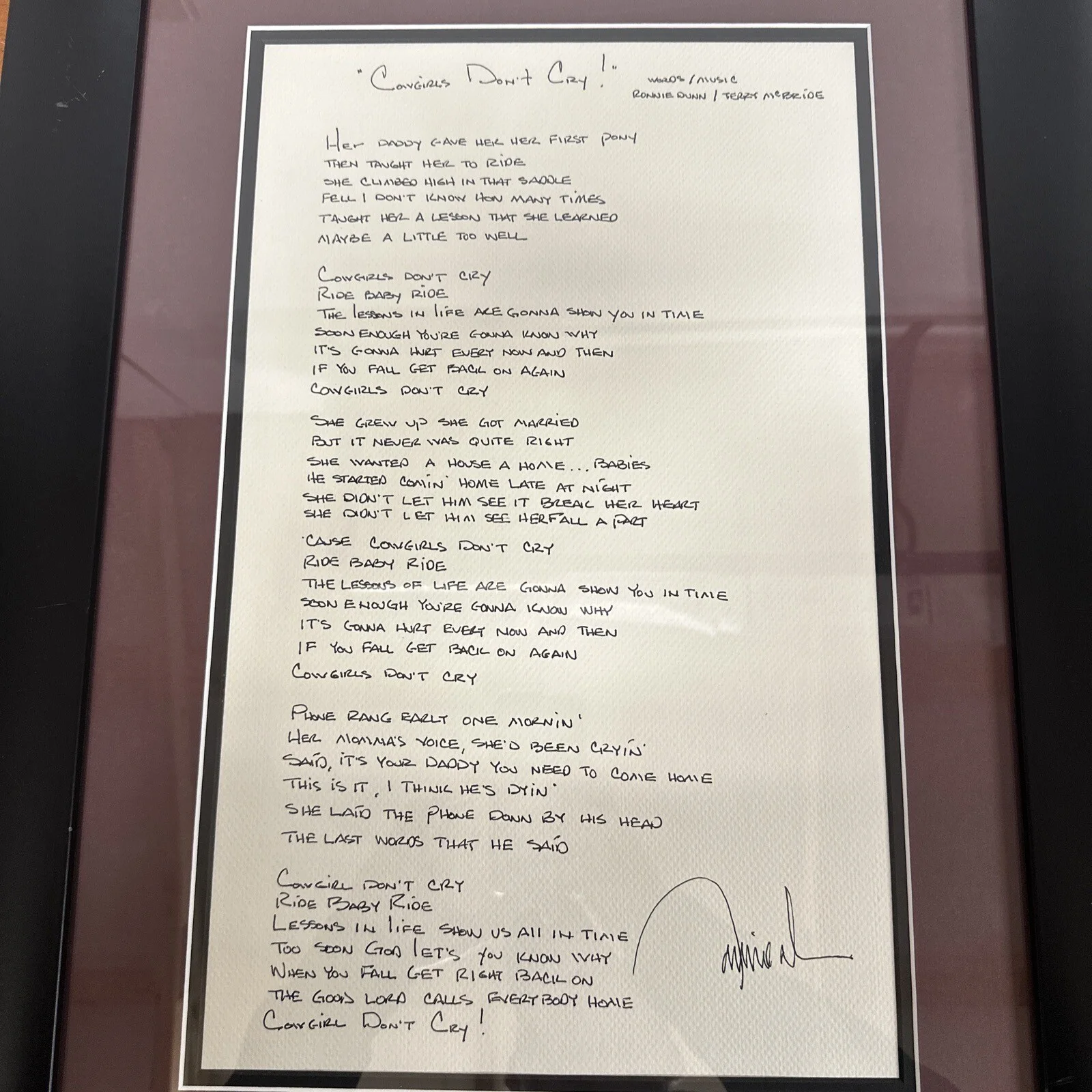 Ronnie DUNN SIGNED AUTOGRAPH Cowgirls Don’t Cry Lyrics Large Piece Of Art, изображение 2