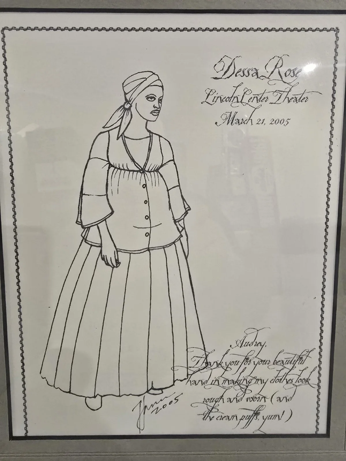 Dessa Rose Feb 2005 Off-Broadway Costume Designer Signed Framed Drawing Rare, изображение 2