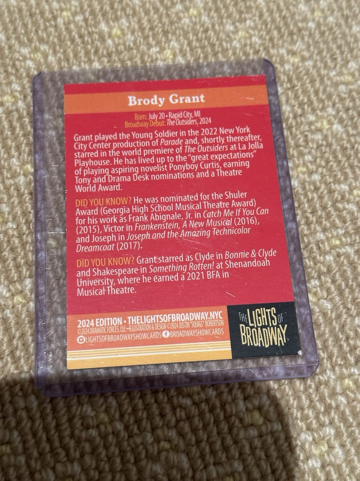 Brody Grant The Outsiders Broadway Ponyboy Signed Lights Of Broadway Show Card, изображение 2