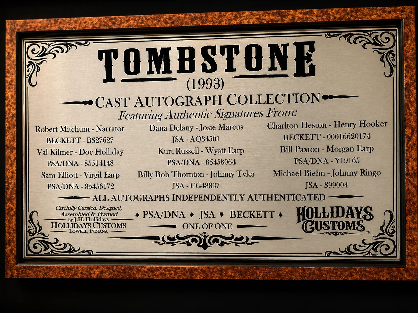 Mitchum, Delany, Heston, Kilmer, Russell, Paxton, Elliott, Thornt — Tombstone (1993) Cast Signed Display Russell Kilmer Elliott Paxton Biehn PSA JSA, изображение 5