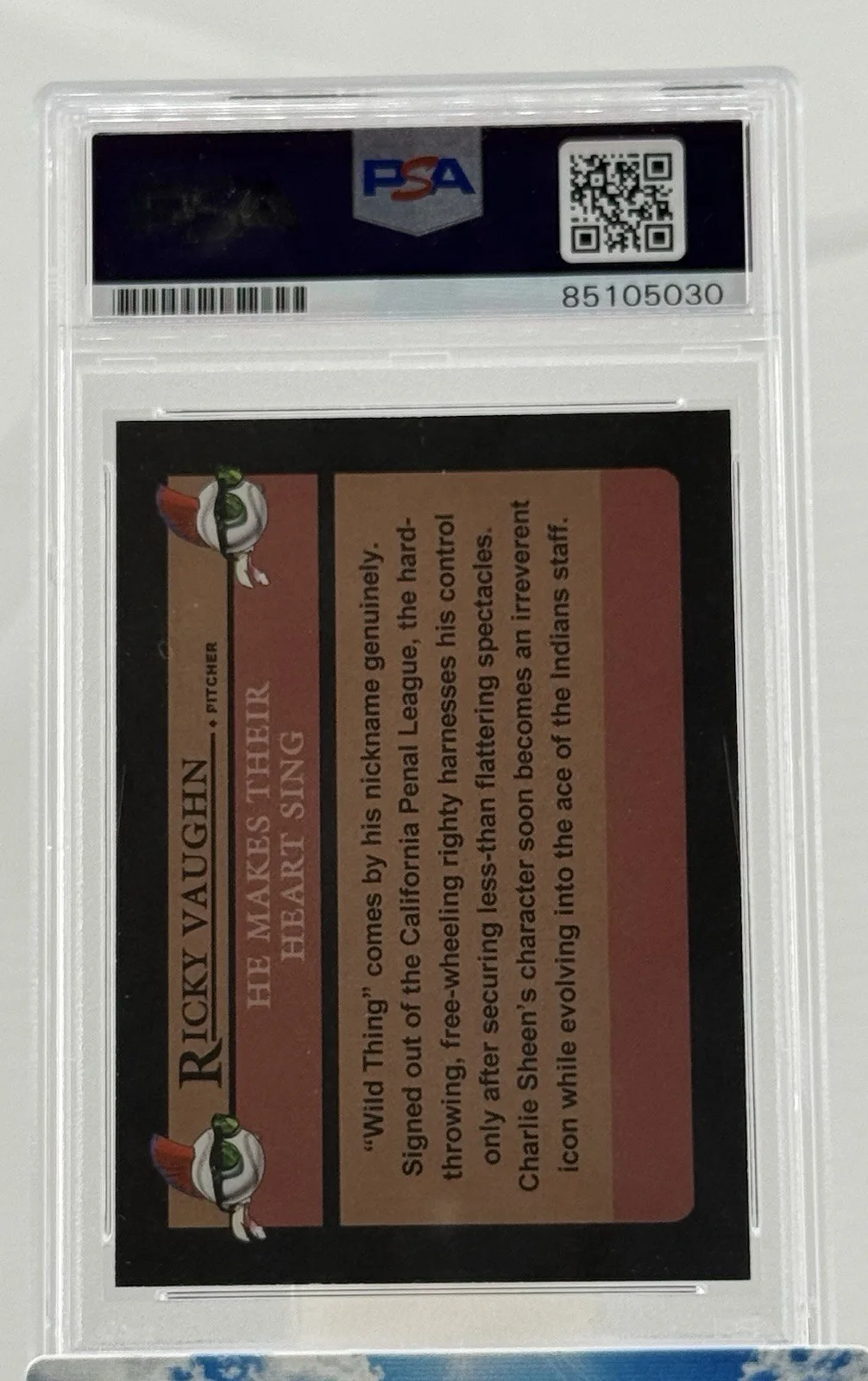 Charlie Sheen — Charlie Sheen Signed “Ricky ‘Wild Thing’ Vaughn” Baseball Card - PSA, image 2