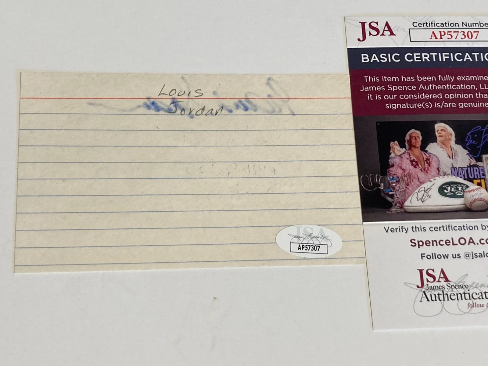 MAUDE ADAMS LOUIS JORDAN — MAUDE ADAMS & LOUIS JORDAN signed 3x5 card "OCTOPUSSY" JAMES BOND JSA #AP57307, изображение 2