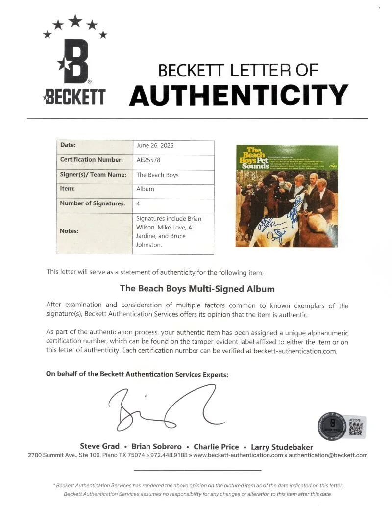 Al Jardine, Bruce Johnston, Mike Love, Brian Wilson — Beach Boys Signed Autograph Pet Sounds Album Record Brian Wilson +3 Beckett COA, изображение 3