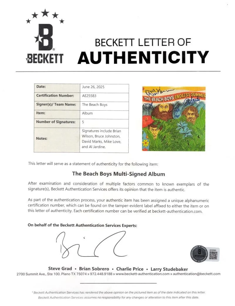 Al Jardine, Bruce Johnston, Mike Love, David Marks, Brian Wilson — Beach Boys Band x5 Signed Autograph Album Vinyl Record Brian Wilson Beckett COA, изображение 3