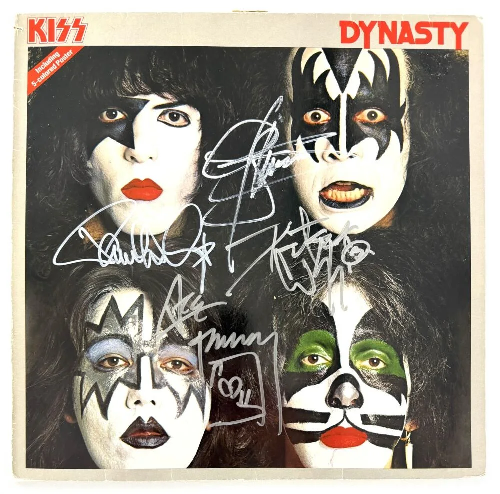 Peter Criss, Ace Frehley, Gene Simmons, Paul Stanley — Kiss Full Band Signed Autograph Dynasty Album Record Gene Ace Paul Peter JSA COA