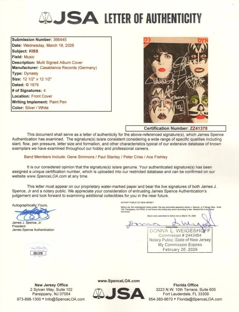 Peter Criss, Ace Frehley, Gene Simmons, Paul Stanley — Kiss Full Band Signed Autograph Dynasty Album Record Gene Ace Paul Peter JSA COA, изображение 3