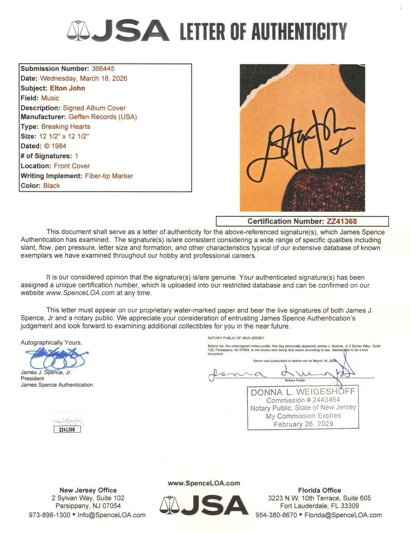 Elton John — Elton John Signed Autograph Breaking Hearts Album Vinyl Record LP w/ JSA COA, image 3