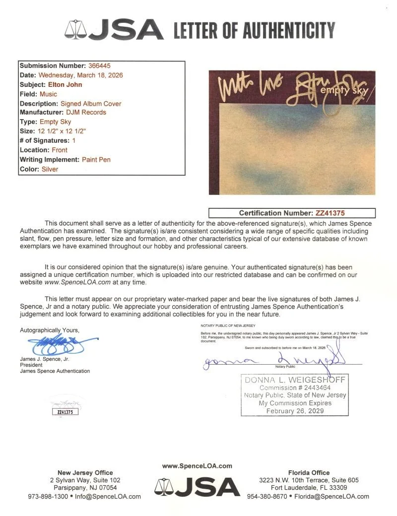 Elton John — Elton John Signed Autograph Empty Sky Album Vinyl Record LP w/ JSA COA, изображение 3