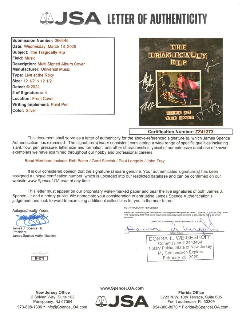 Rob Baker, Johnny Fay, Paul Langlois, Gord Sinclair — The Tragically Hip Band Signed Autograph Live at the Roxy Album Record JSA COA, image 3