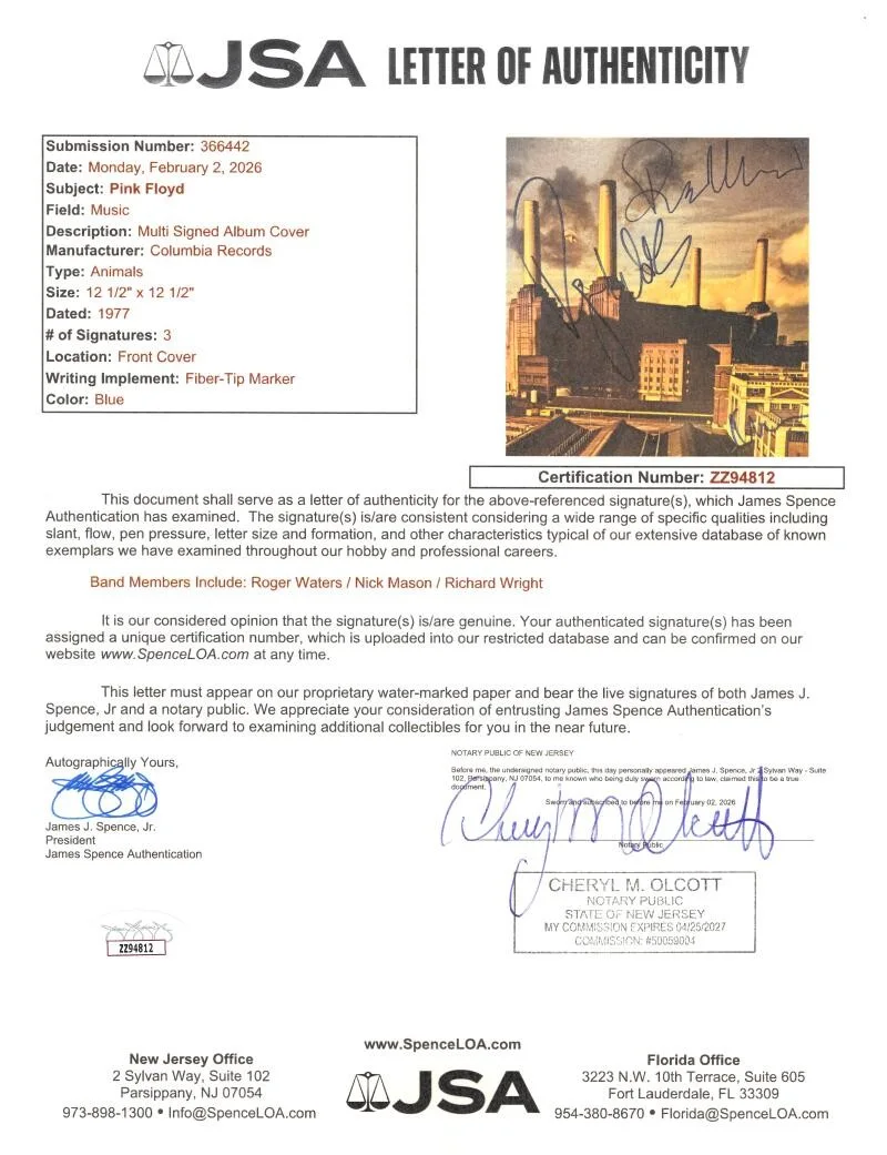 Nick Mason, Roger Waters, Richard Wright — Roger Waters Richard Wright & Nick Mason Signed Autograph Animals Album JSA COA, image 3