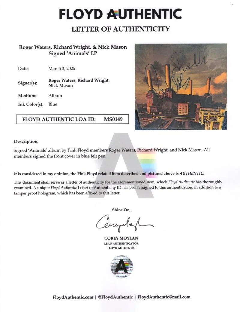 Nick Mason, Roger Waters, Richard Wright — Roger Waters Richard Wright & Nick Mason Signed Autograph Animals Album JSA COA, image 4