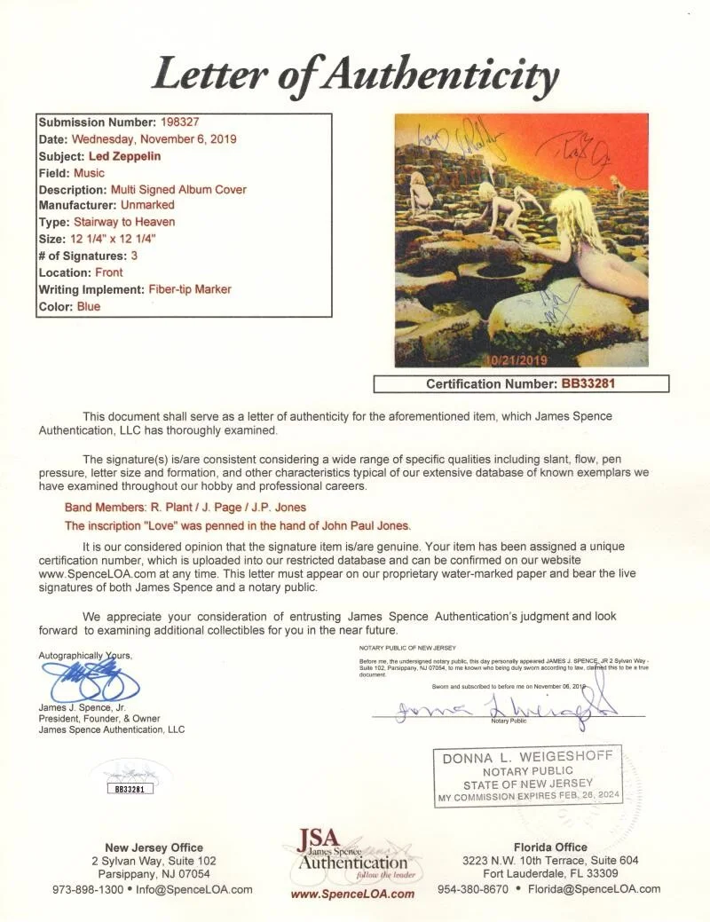 John Paul Jones, Jimmy Page, Robert Plant — Jimmy Page Robert Plant & JP Jones Signed Autograph Led Zeppelin Album - JSA COA, image 3