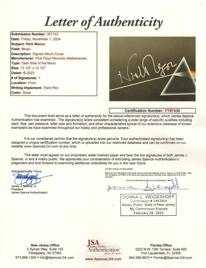 Nick Mason — Nick Mason Signed Autograph Pink Floyd Dark Side of the Moon Album Record LP JSA, изображение 4
