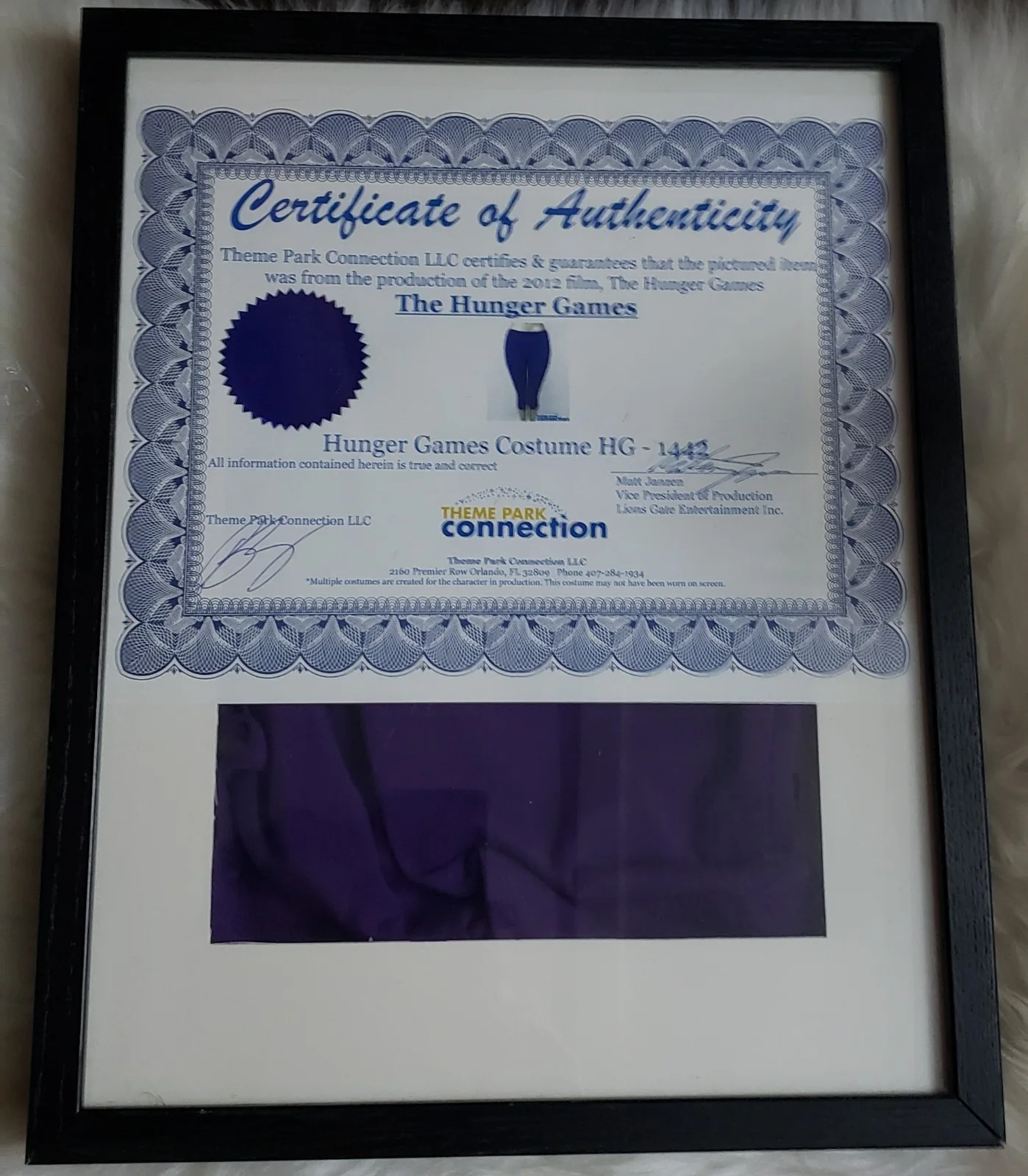 2012 FRAMED HUNGER GAMES CLOTHING WORN ON SET CERTIFICATE OF AUTHENTICITY 15x12, изображение 2