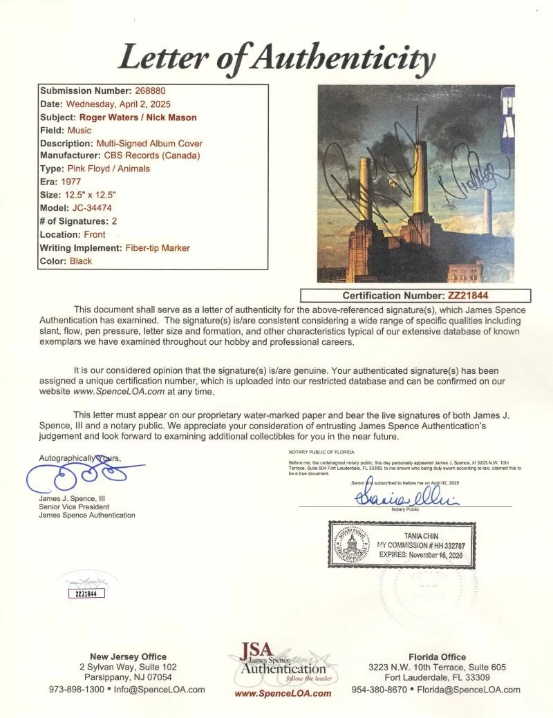 Nick Mason, Roger Waters — Roger Waters & Mason Signed Autograph Pink Floyd Animals Album Record JSA COA, изображение 3