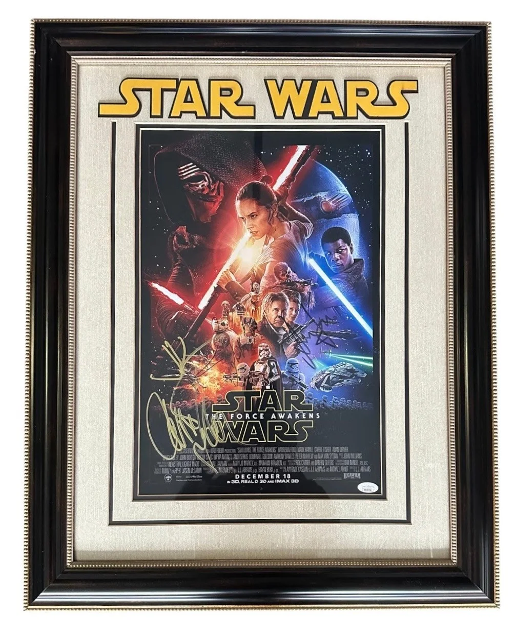 Harrison Ford, Carrie Fisher, John Williams and J.J. Abrams — STAR WARS: THE FORCE AWAKENS MOVIE POSTER Cast signed JSA COA