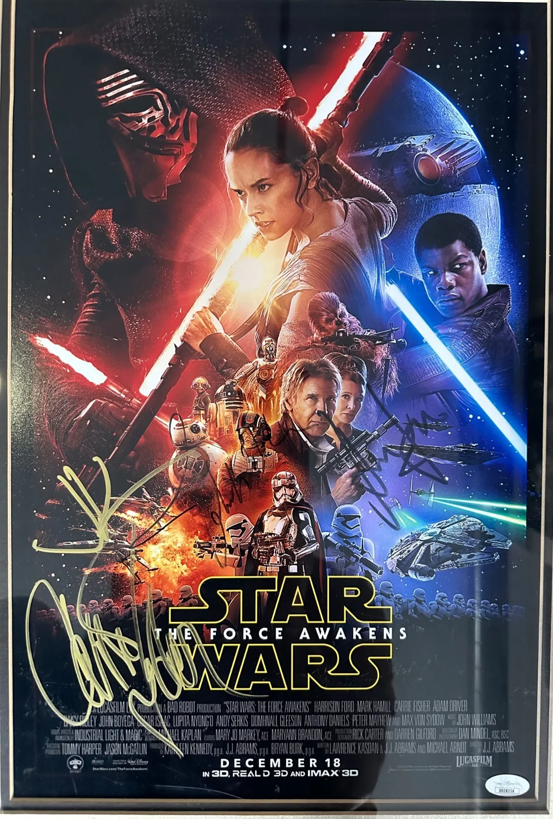 Harrison Ford, Carrie Fisher, John Williams, J.J. Abrams — STAR WARS: THE FORCE AWAKENS MOVIE POSTER Cast signed JSA COA, image 2