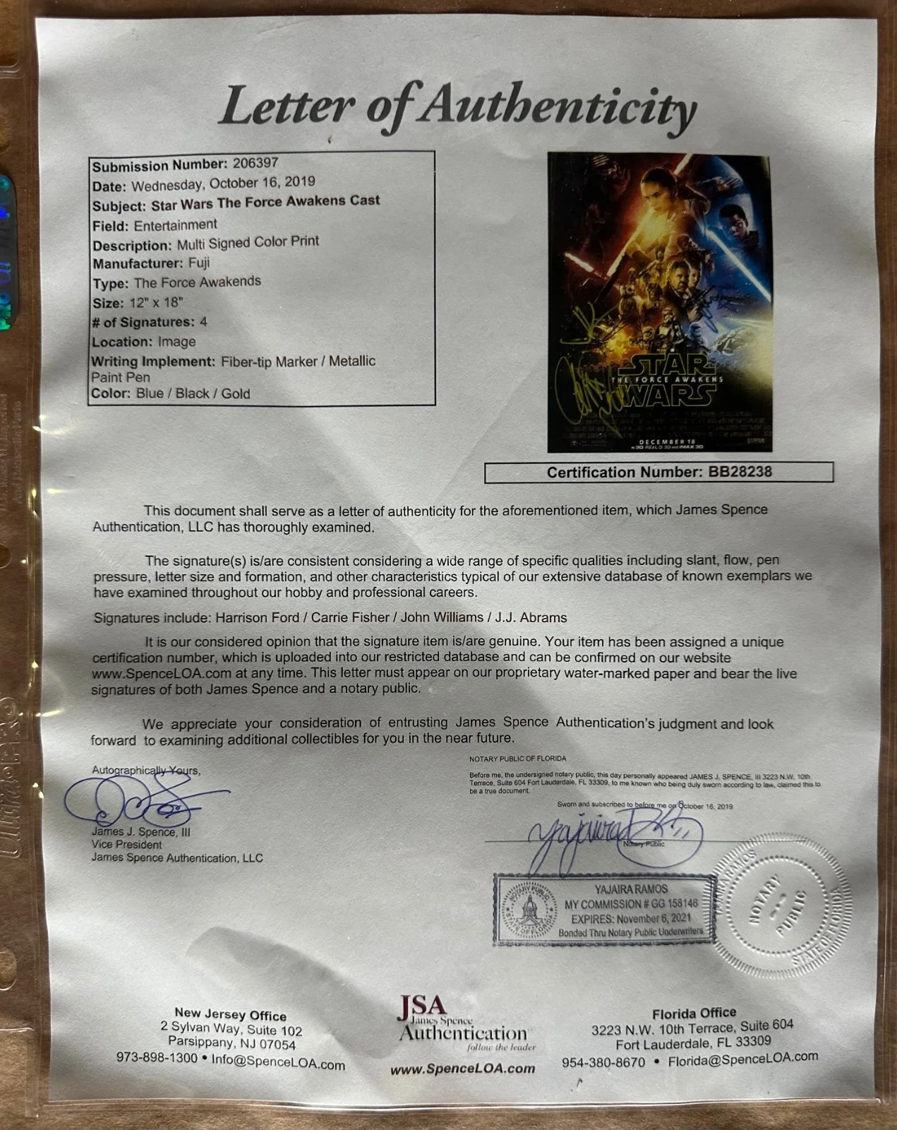 Harrison Ford, Carrie Fisher, John Williams, J.J. Abrams — STAR WARS: THE FORCE AWAKENS MOVIE POSTER Cast signed JSA COA, image 4