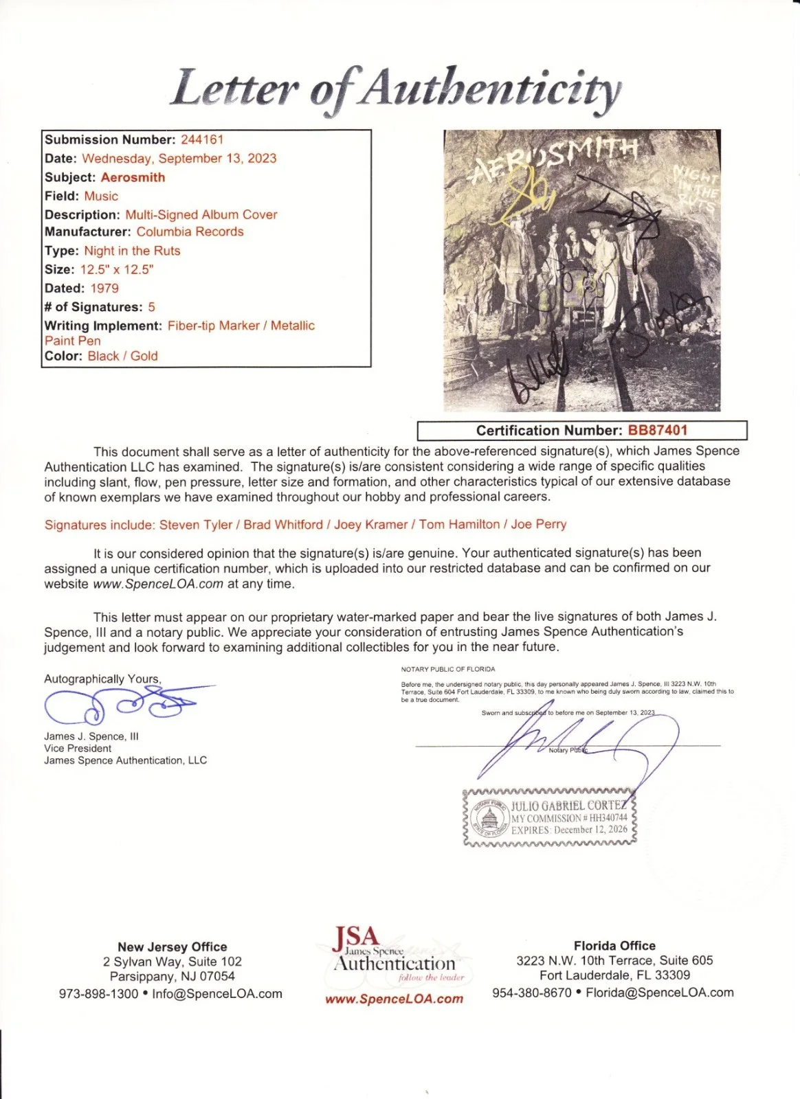 AEROSMITH MULTI SIGNED NIGHT IN THE RUTS ALBUM COVER - JSA-LOA, изображение 2