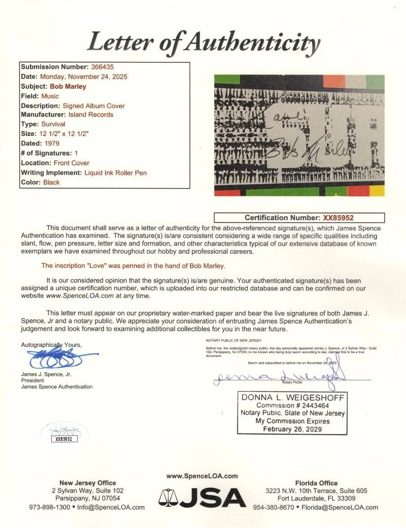Bob Marley — Bob Marley Signed Autograph Album Vinyl Record LP - The Wailers Survival JSA COA, изображение 5