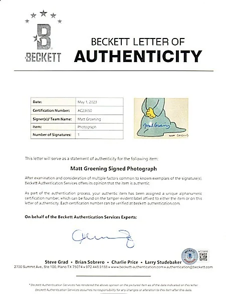 Rare -THE SIMPSONS- MATT GROENING BECKETT Signed/Autograph/Auto Cartoon Photo, изображение 2