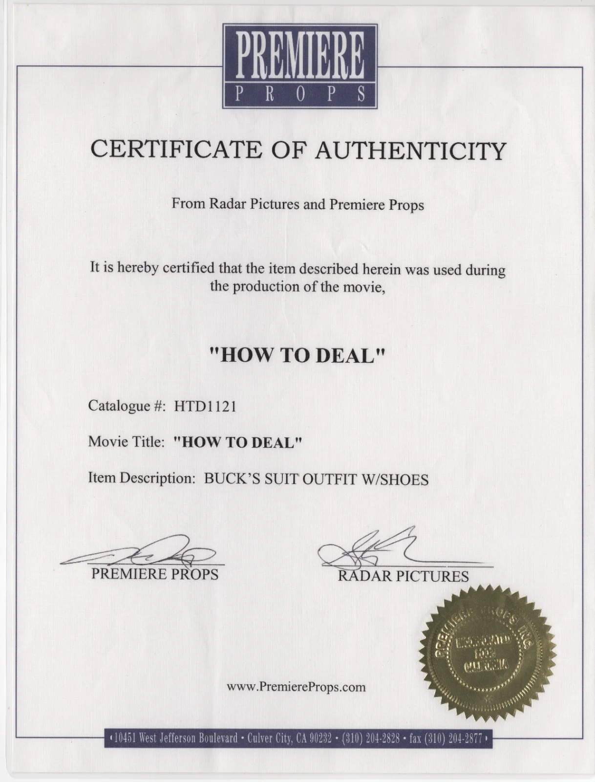 How To Deal Film Costume Pieces Production Used 2003 COA, изображение 2