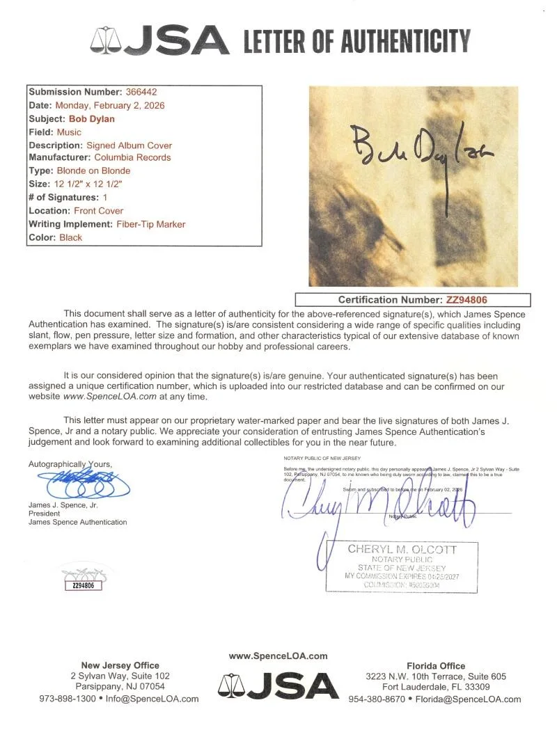 Bob Dylan — Bob Dylan Signed Autograph Album Record - Blonde on Blonde Jeff Rosen & JSA COA, изображение 4