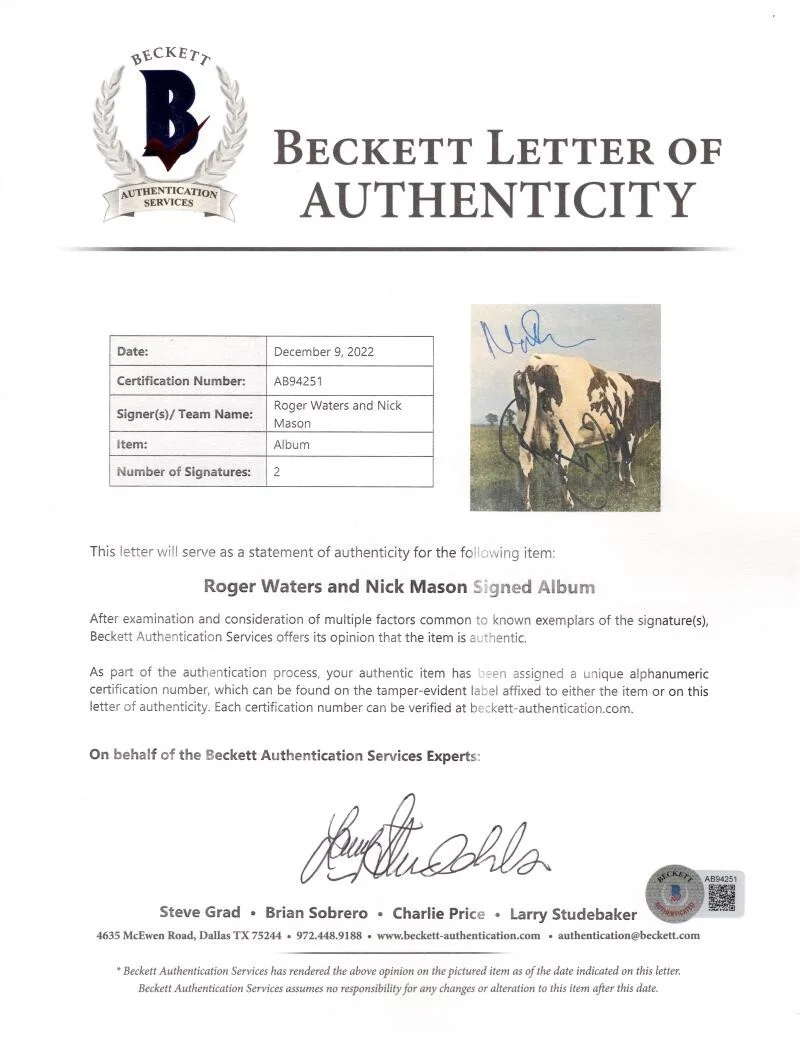 Nick Mason, Roger Waters — Roger Waters & Mason Signed Autograph Pink Floyd Atom Heart Mother Album BAS COA, image 3