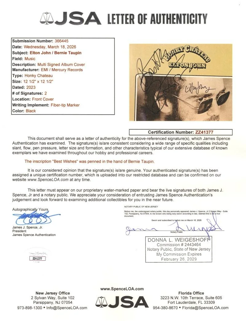 Elton John, Bernie Taupin — Elton John & Bernie Taupin Signed Autograph Honky Chateau Album Record JSA COA, изображение 3