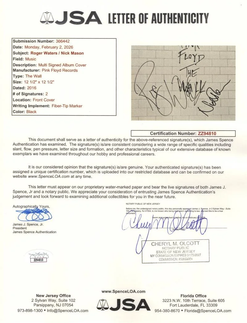 Nick Mason, Roger Waters — Roger Waters & Nick Mason Signed Autograph The Wall Album Vinyl Record JSA COA, изображение 3