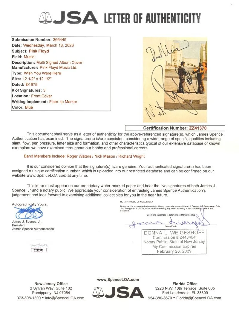 Nick Mason, Roger Waters, Richard Wright — Roger Waters Richard Wright & Mason Signed Autograph Pink Floyd Album JSA COA, image 3