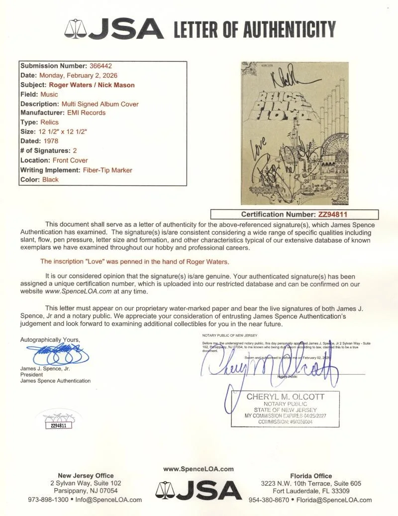 Nick Mason, Roger Waters — Roger Waters Nick Mason Signed Autograph Pink Floyd Relics Album Record JSA COA, image 3