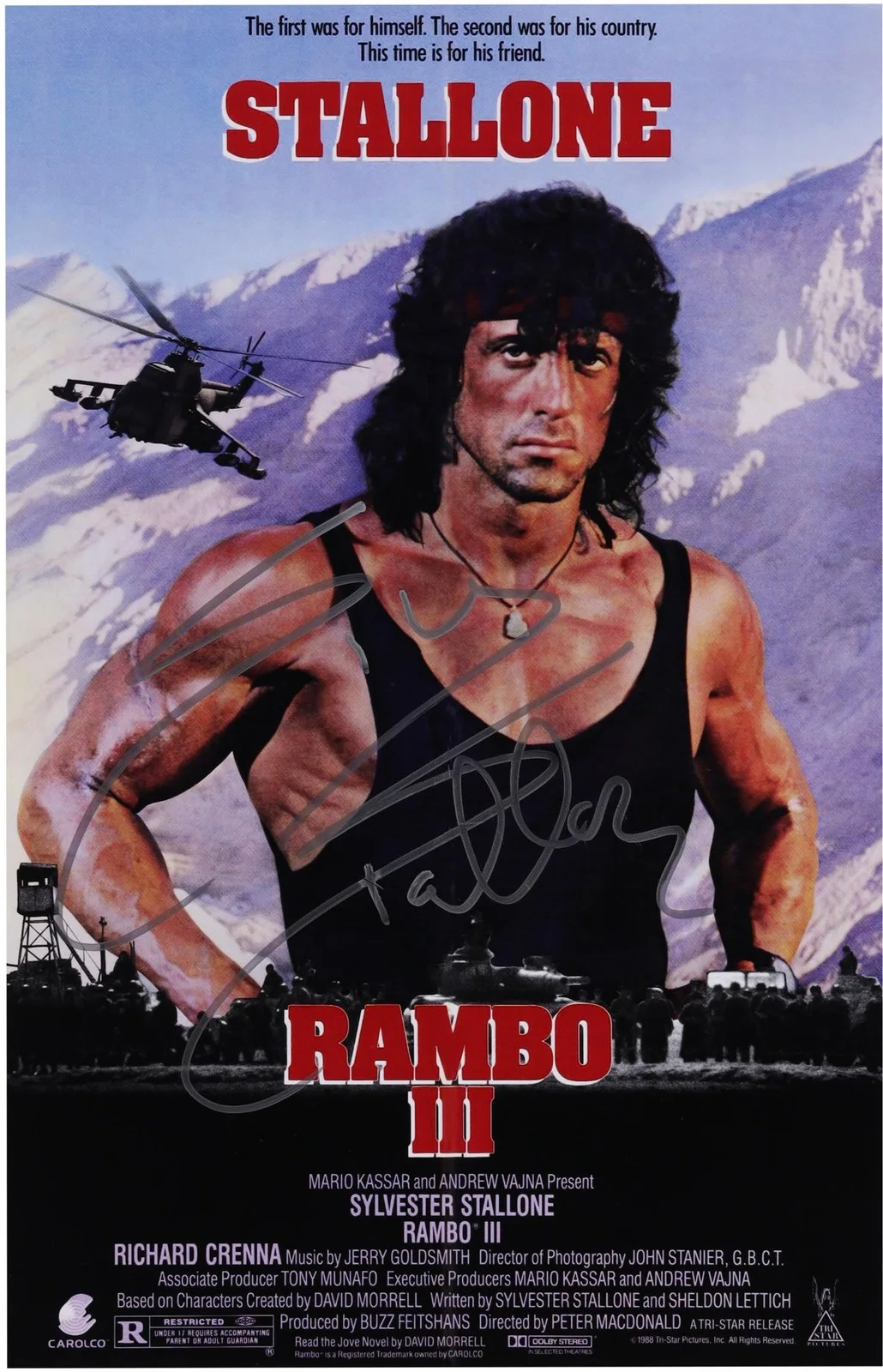 Sylvester Stallone — Sylvester Stallone Rambo III Autographed 12" x 18" Movie Poster