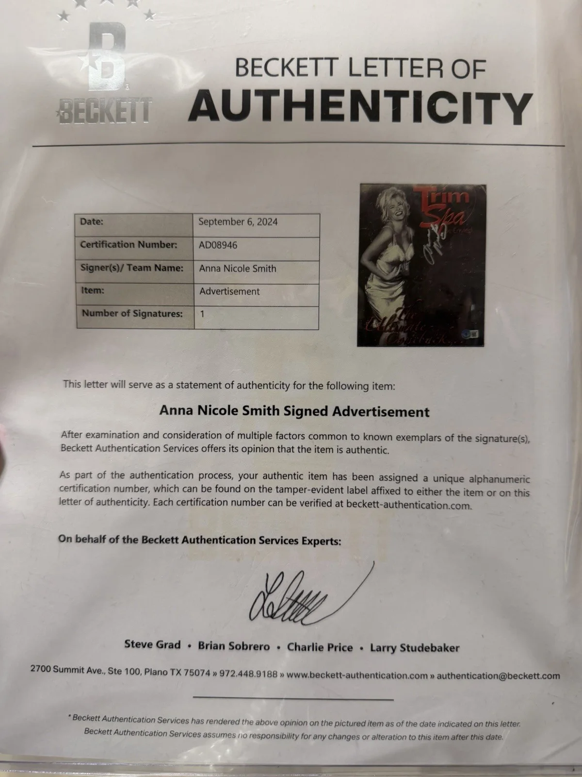 Anna Nicole Smith Signed TrimSpa Photo Beckett BAS LOA Autograph Authentic, image 3