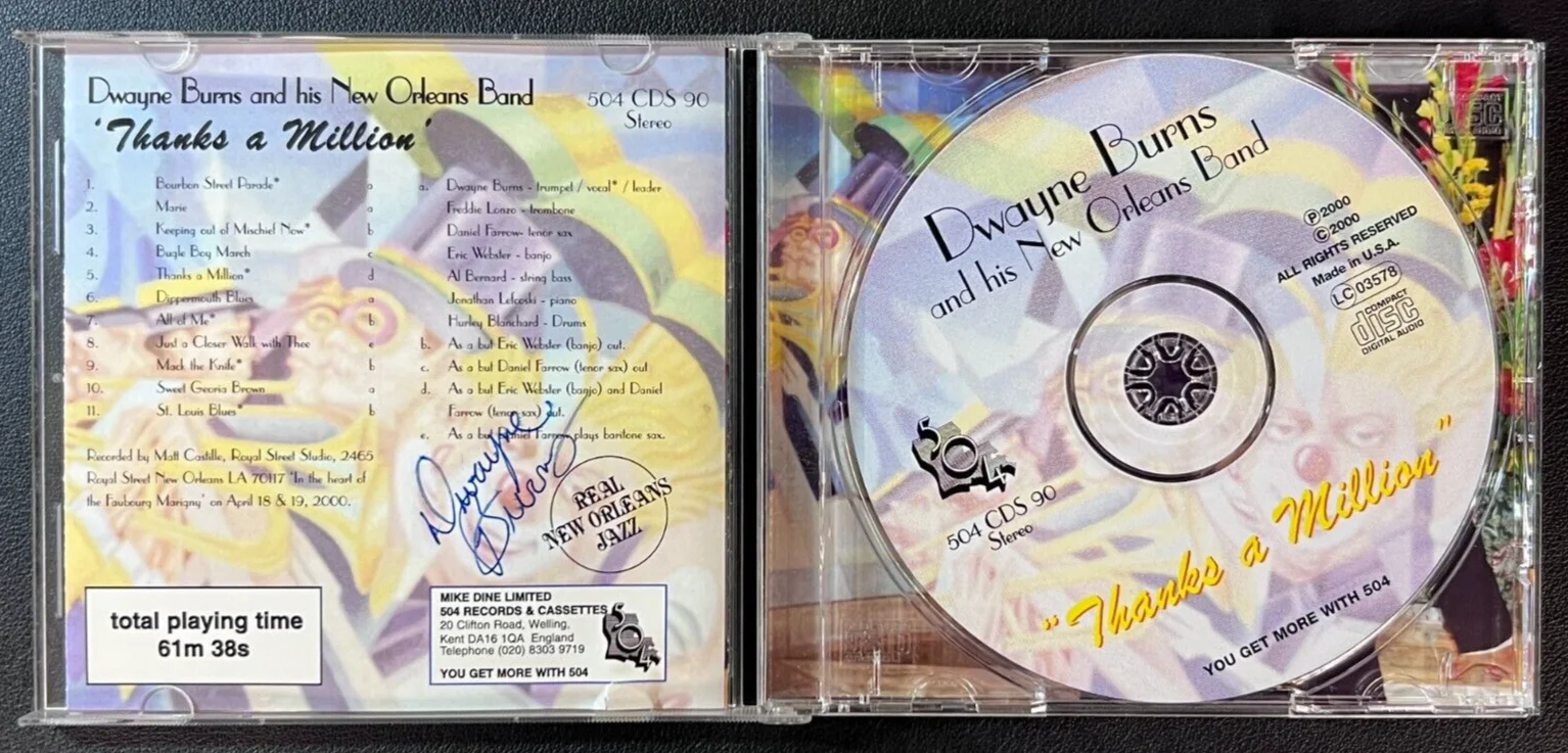 Dwayne Burns — Dwayne Burns Signed '00 CD Album VTG 'Thanks A Million' w/New Orleans Jazz Band!, image 2