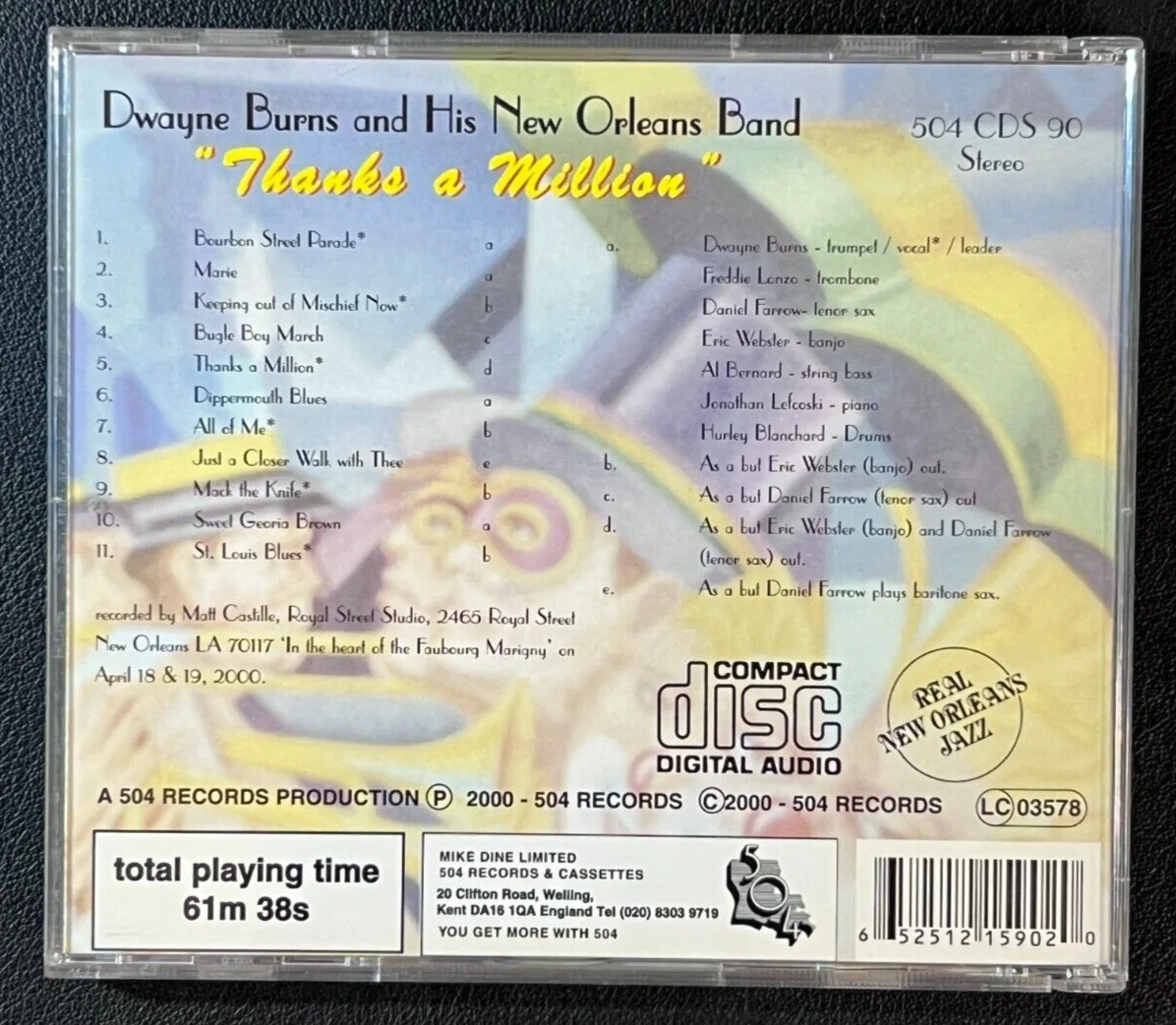 Dwayne Burns — Dwayne Burns Signed '00 CD Album VTG 'Thanks A Million' w/New Orleans Jazz Band!, image 4