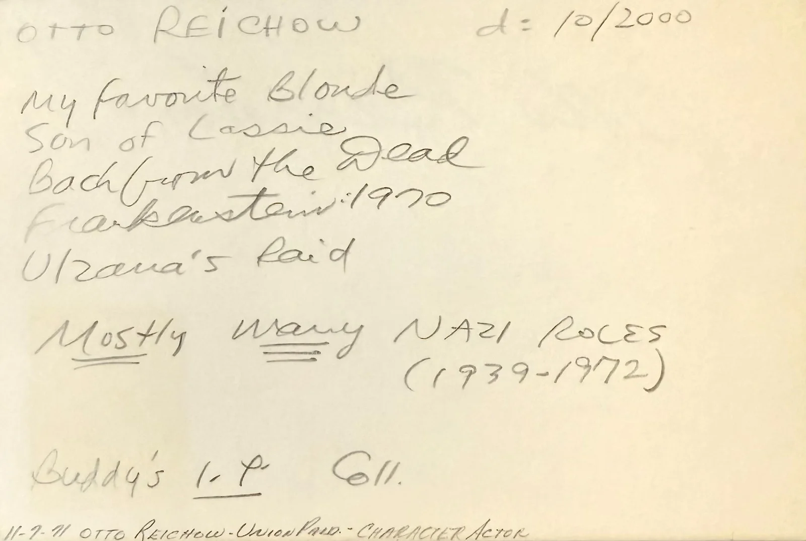 Otto Reichow — OTTO REICHOW Signed Autograph 4x 6 INDEX CARD Five Graves to Cairo ULZANA'S RAID, изображение 2