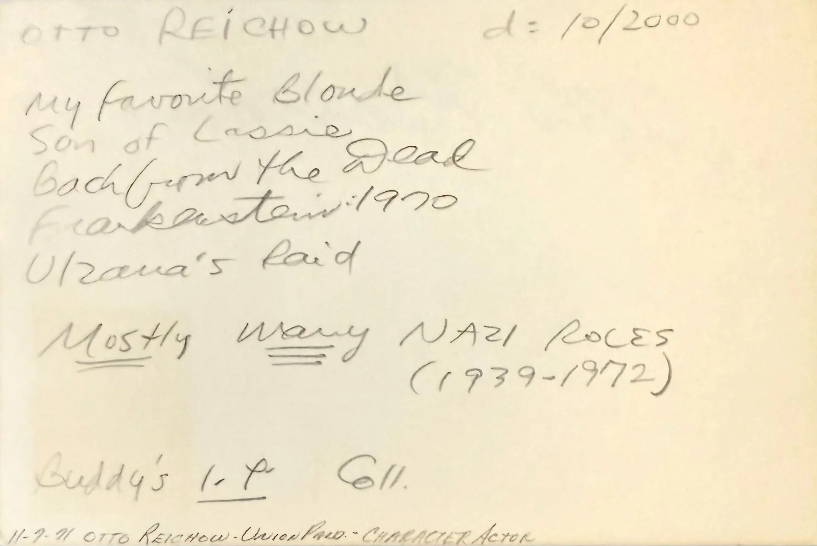 Otto Reichow — OTTO REICHOW Signed Autograph 4x 6 INDEX CARD Five Graves to Cairo ULZANA'S RAID, изображение 4