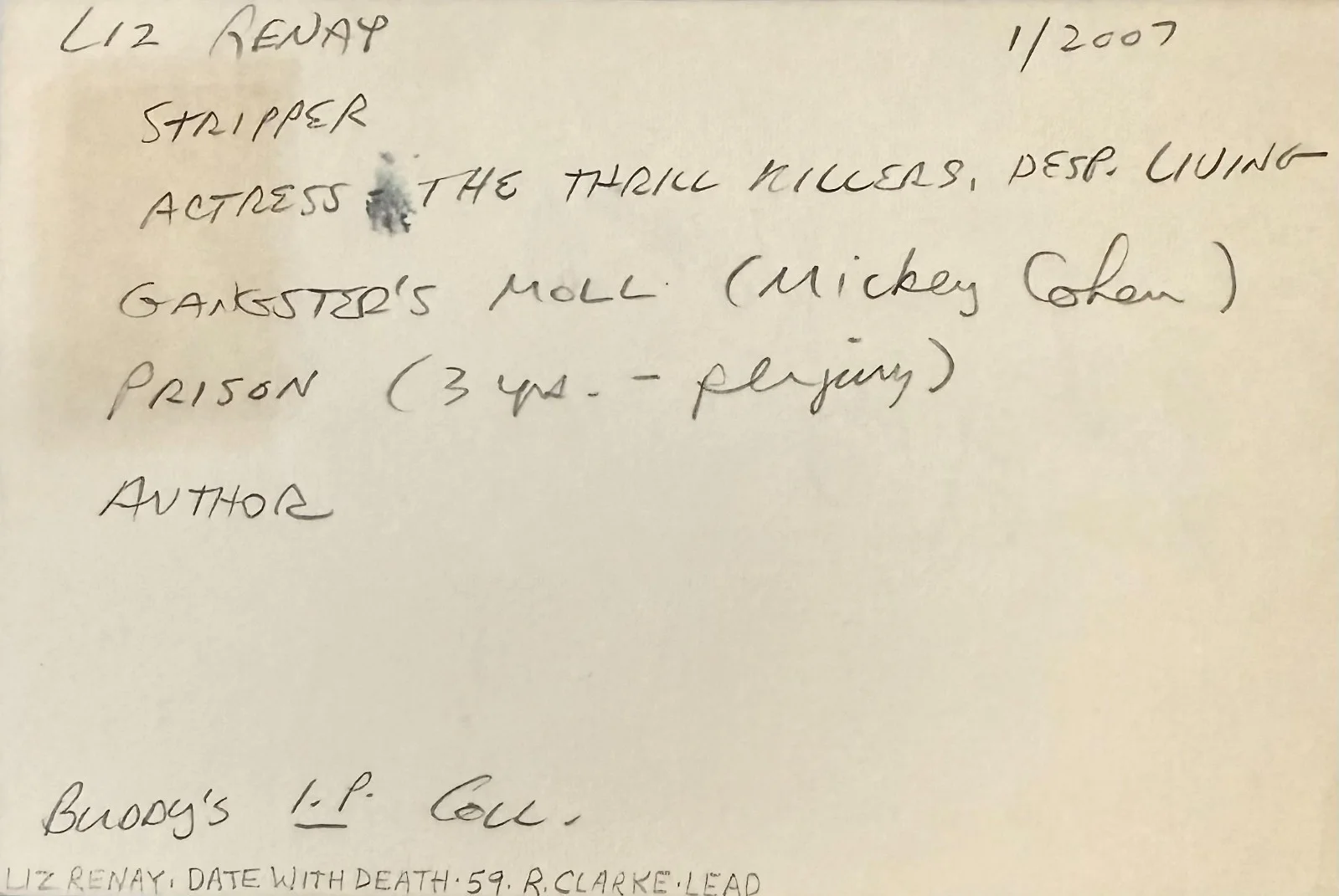 Liz Renay — LIZ RENAY Signed Autographed 4x 6 INDEX CARD The Thrill Killers Date with Death, изображение 2