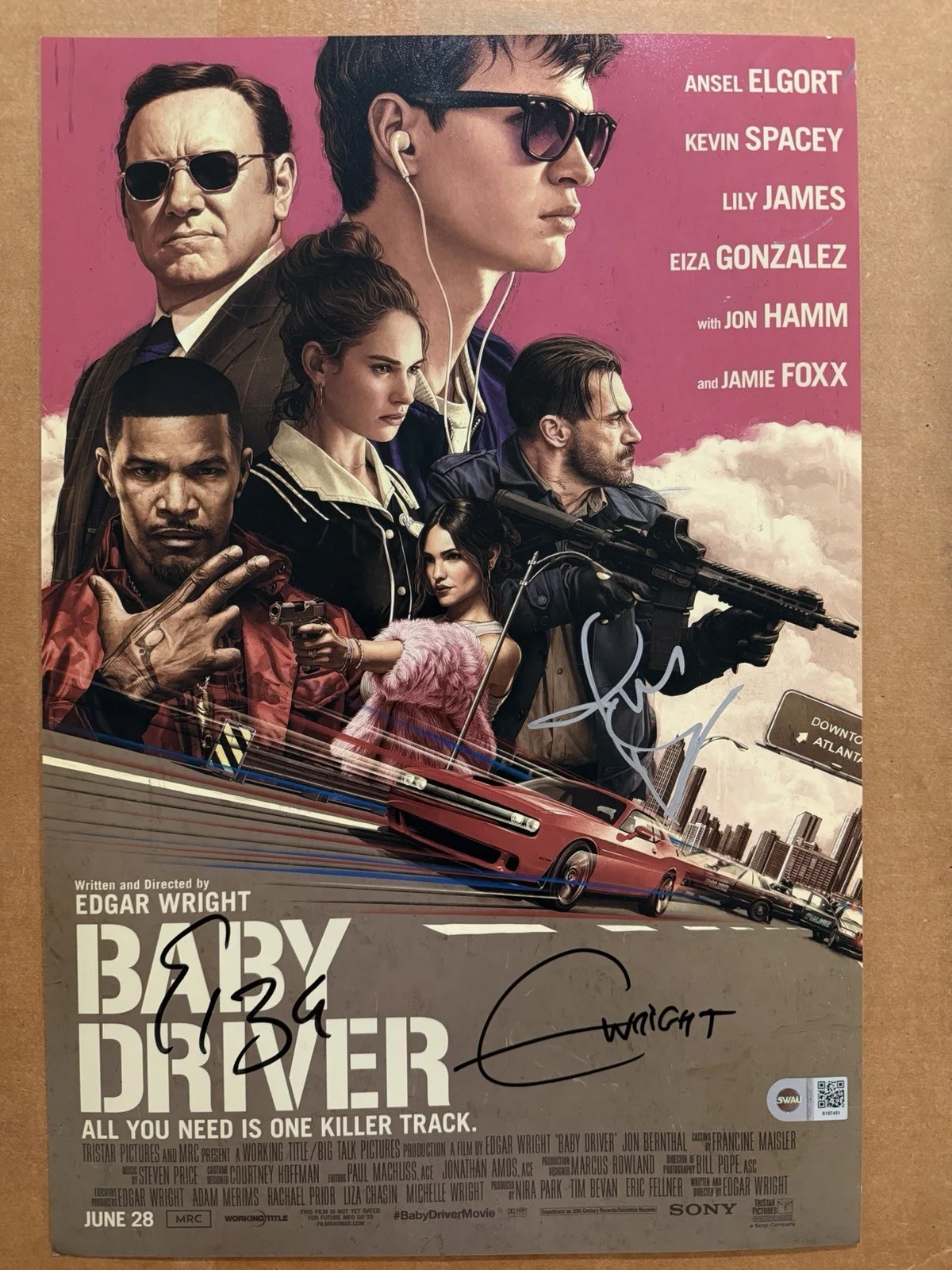3 Signed Baby Driver Edgar Wright Jon Hamm Eiza Gonzalez Autograph PROOF SWAU, image 2