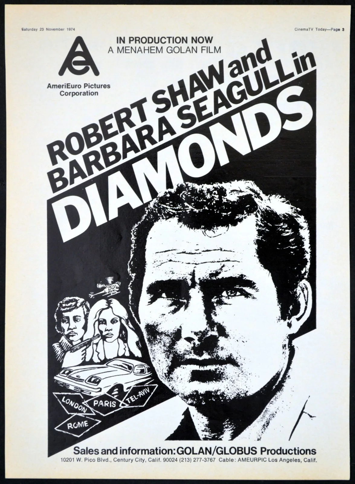 DIAMONDS 1975 Robert Shaw, Richard Roundtree, Barbara Hershey 5 TRADE ADVERTS, image 3
