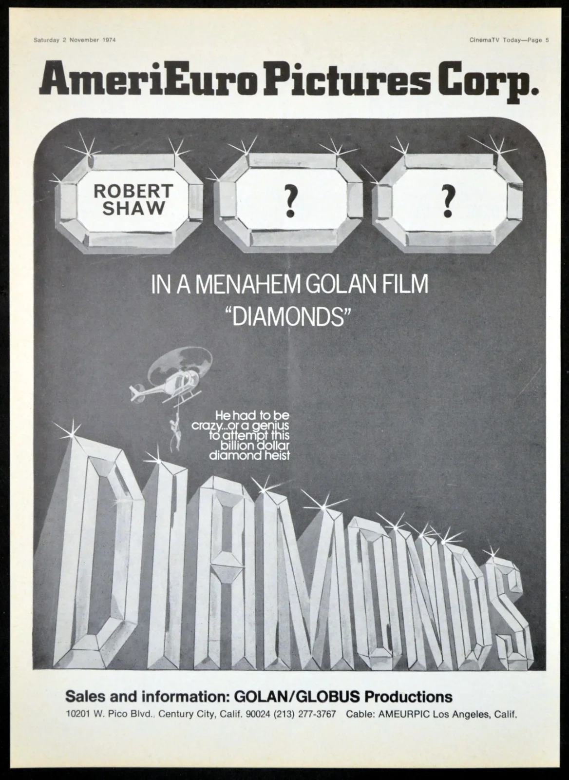 DIAMONDS 1975 Robert Shaw, Richard Roundtree, Barbara Hershey 5 TRADE ADVERTS, image 4