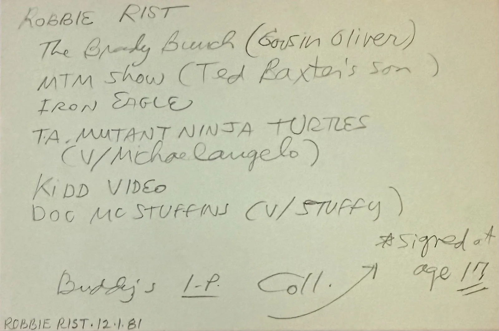 Robbie Rist — ROBBIE RIST Signed Autograph 4"x 6" INDEX CARD Little John The Brady Bunch TMNT, image 2