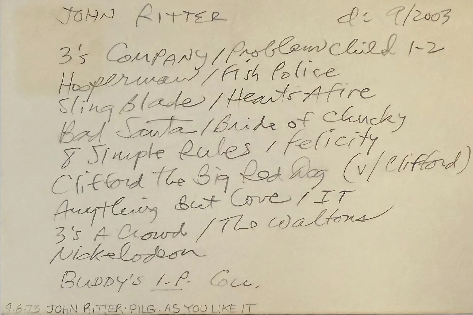 John Ritter — JOHN RITTER Signed Autographed 4"x 6" INDEX CARD Sling Blade Three's Company, image 2