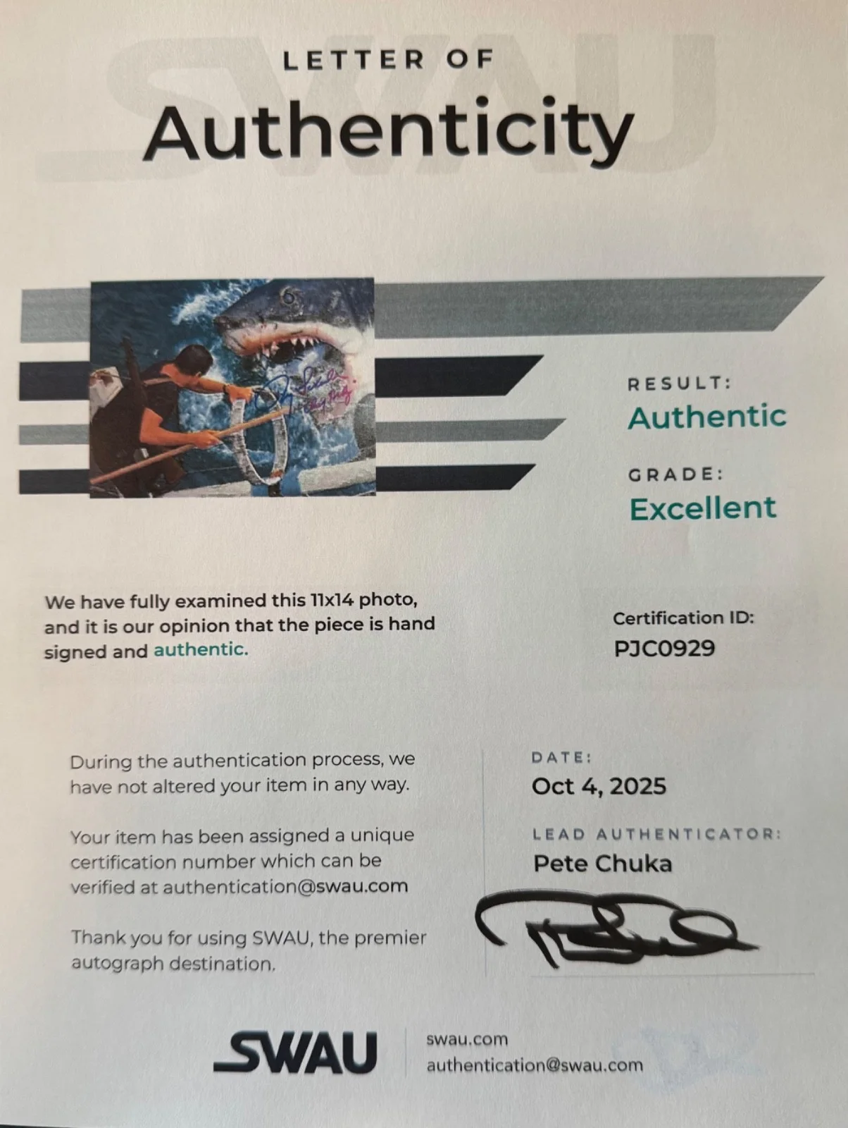 Roy Scheider — Roy Scheider Jaws SIGNED Autograph 11x14 "Chief Brody" Inscrip GRAIL K9 SWAU LOA, image 2