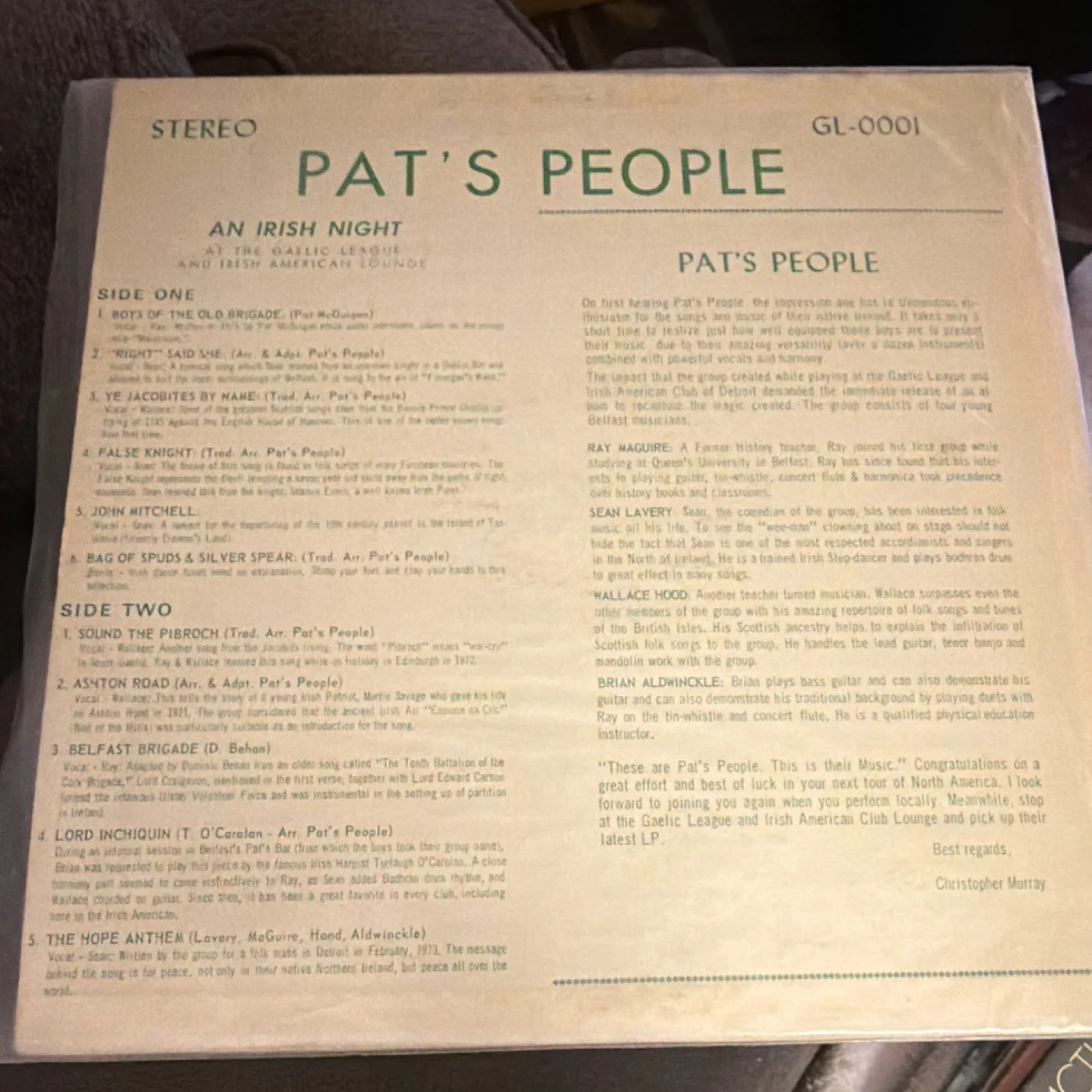 Pat's People An Irish Night Signed Vinyl Record Autographed Music, изображение 2