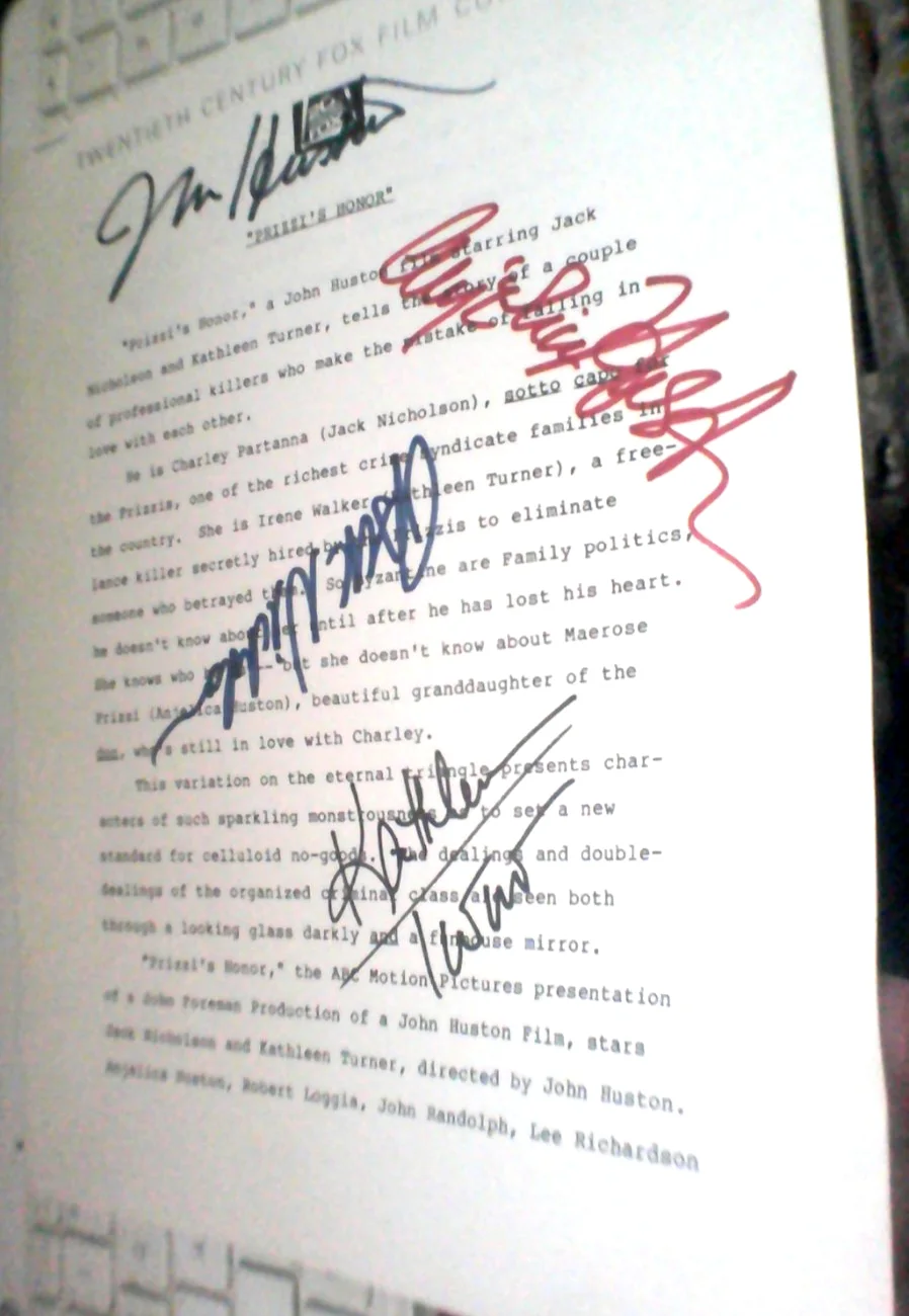 Jack Nicholson Angelica Huston John Huston Kathleen Turner — Jack Nickolson Kathleen Turner John Huston A Huston signed Prizzi's Honor P Page, image 2